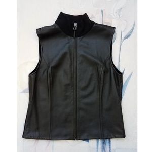 Vintage Jones New York Black Leather Mock Neck Zip Sweater Vest Size M  - EUC